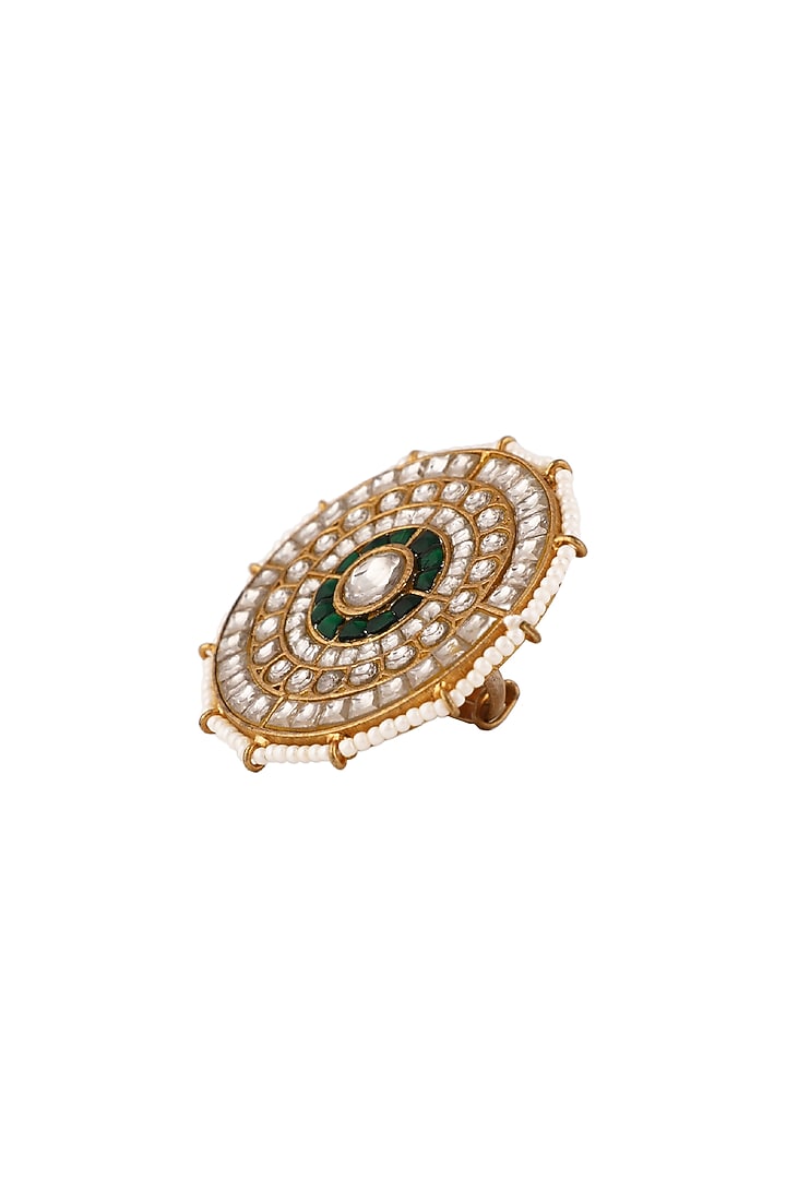 Matte Gold Plated Green Jadtar Stone & Pearl Floral Ring by Riana Jewellery at Pernia's Pop Up Shop