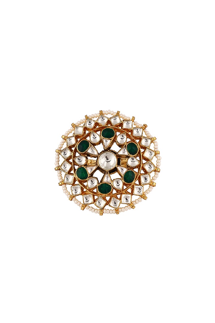 Matte Gold Plated Green Jadtar Stone & Pearl Ring by Riana Jewellery at Pernia's Pop Up Shop