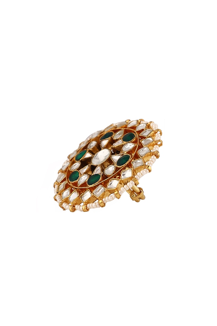 Matte Gold Plated Green Jadtar Stone & Pearl Ring by Riana Jewellery at Pernia's Pop Up Shop