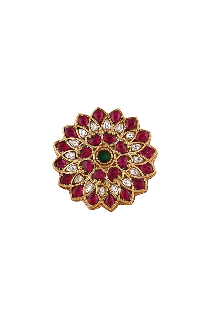 Matte Gold Plated Green & Pink Jadtar Stone Ring by Riana Jewellery at Pernia's Pop Up Shop