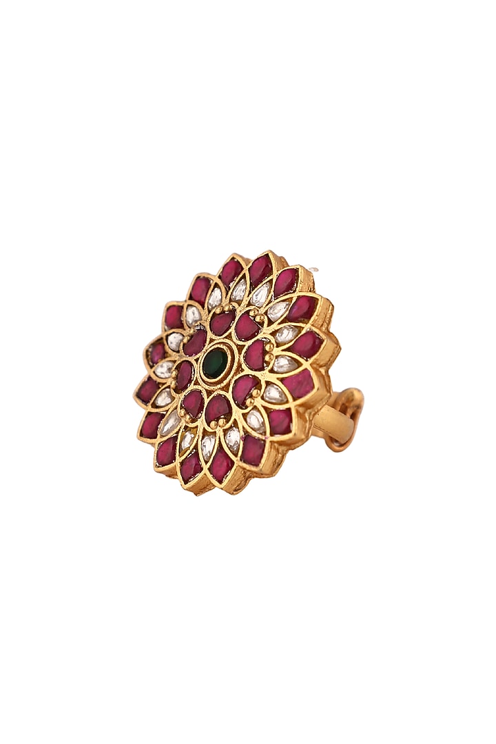 Matte Gold Plated Green & Pink Jadtar Stone Ring by Riana Jewellery at Pernia's Pop Up Shop