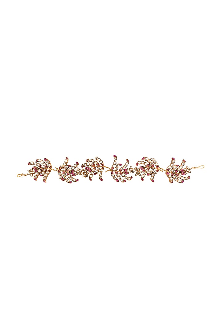 Matte Gold Plated Pink & White Jadtar Stone Leaf Hairband by Riana Jewellery at Pernia's Pop Up Shop