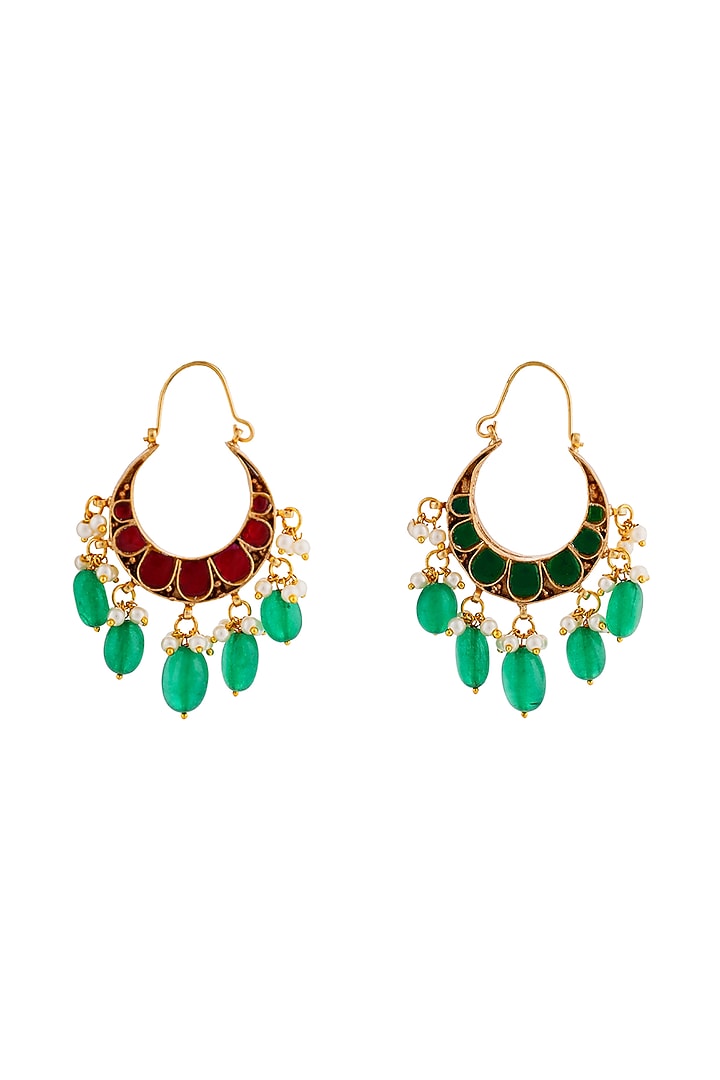 Matte Gold Plated Pink & Green Jadtar Stone Chandbali Earrings by Riana Jewellery at Pernia's Pop Up Shop