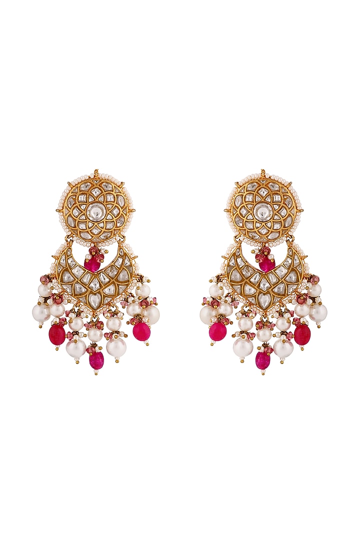 Matte Gold Plated Jadtar Stone & Pearl Dangler Earrings by Riana Jewellery at Pernia's Pop Up Shop