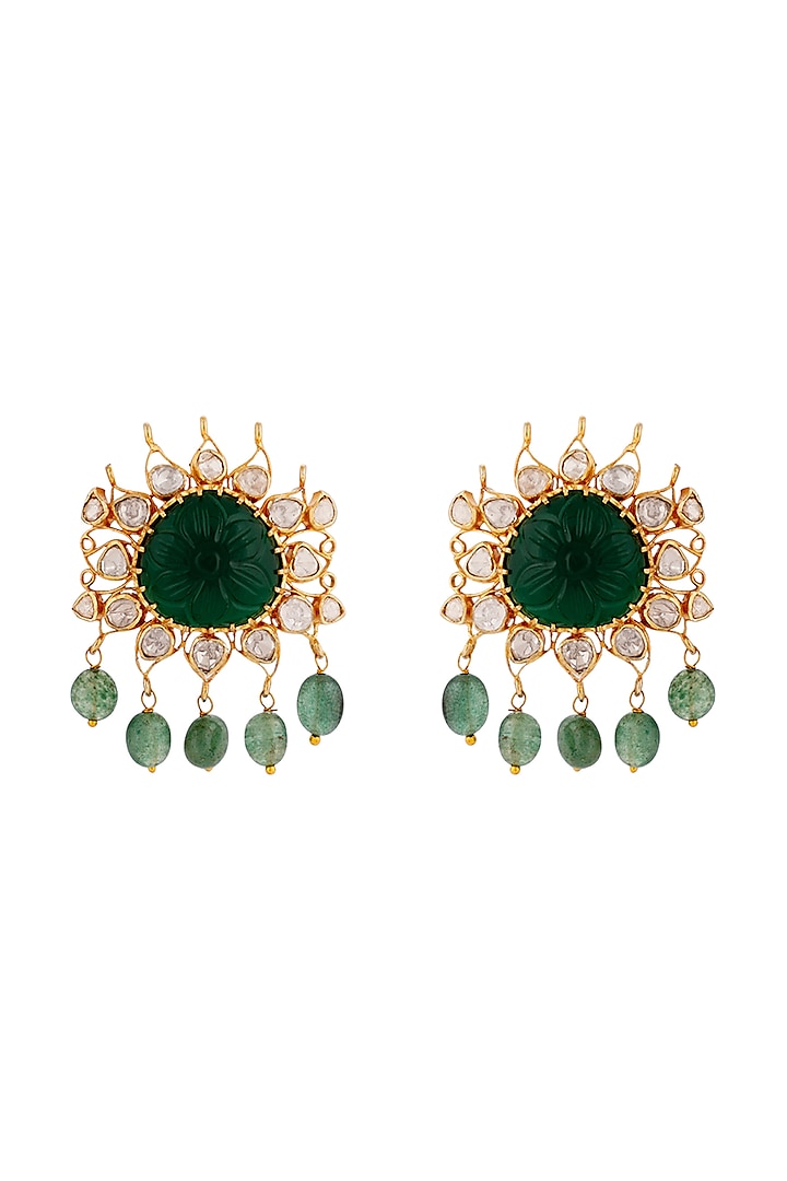 Gold Finish Emerald & Sea Green Bead Dangler Earrings by Riana Jewellery at Pernia's Pop Up Shop