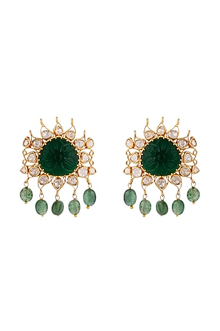 Gold Finish Emerald & Sea Green Bead Dangler Earrings by Riana Jewellery