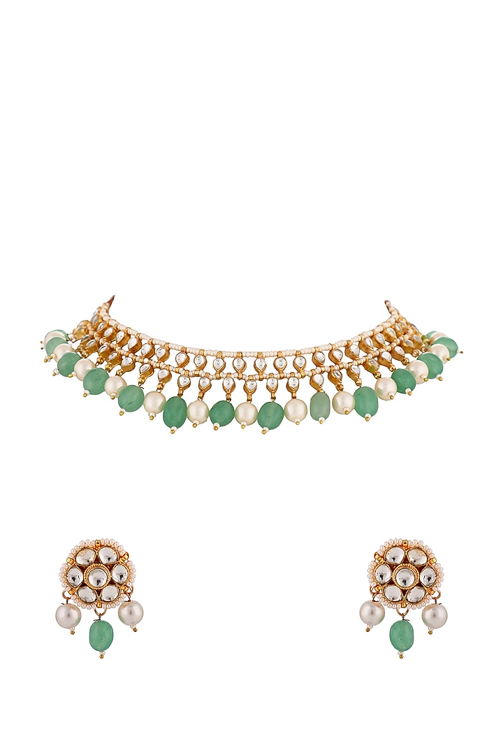 Matte Gold Plated Jadtar Stone & Sea Green Bead Choker Necklace Set by Riana Jewellery at Pernia's Pop Up Shop
