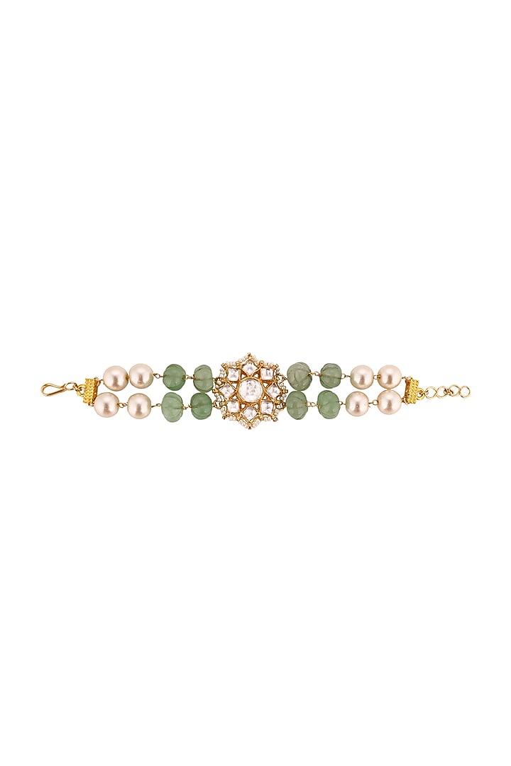 Matte Gold Plated Sea Green Bead & Jadtar Bracelet by Riana Jewellery at Pernia's Pop Up Shop