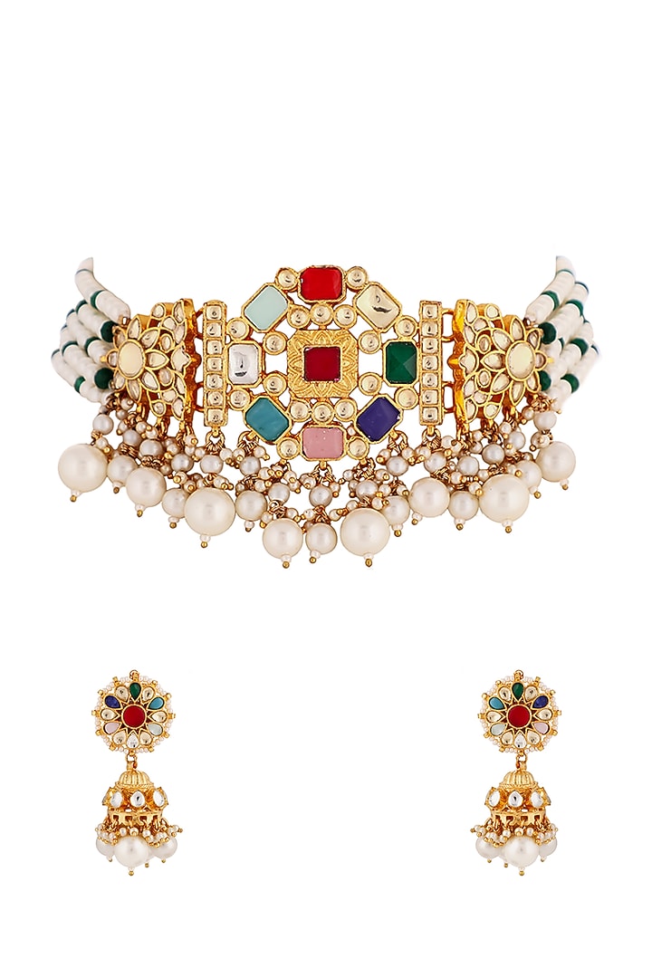 Matte Gold Plated Jadtar Stone & Navratna Choker Necklace Set by Riana Jewellery at Pernia's Pop Up Shop