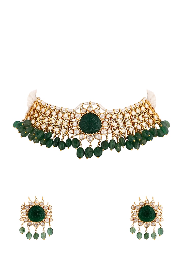 Gold Finish Emerald Green Beaded Choker Necklace Set by Riana Jewellery at Pernia's Pop Up Shop