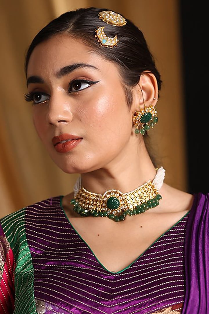 Gold Finish Emerald Green Beaded Choker Necklace Set by Riana Jewellery