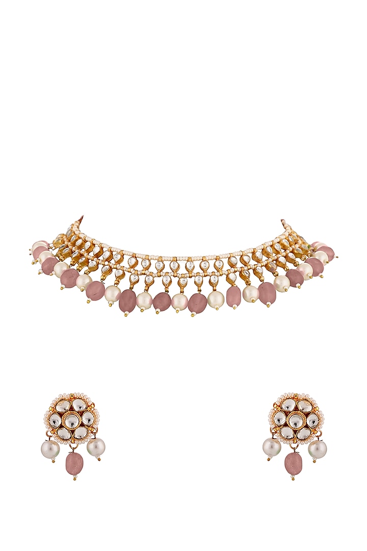 Matte Gold Plated Pastel Pink Bead & Jadtar Stone Choker Necklace Set by Riana Jewellery