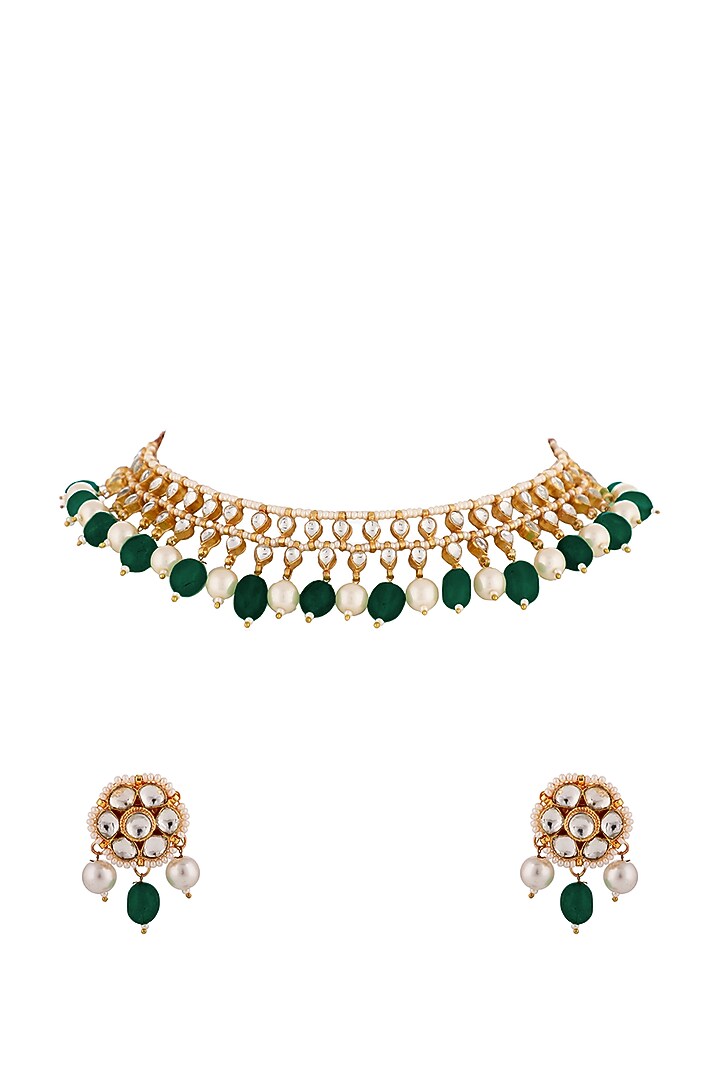 Matte Gold Plated Green Beaded & Jadtar Stone Choker Necklace Set by Riana Jewellery at Pernia's Pop Up Shop