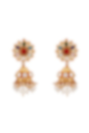 Matte Gold Plated Navratna Stone Jhumka Earrings by Riana Jewellery