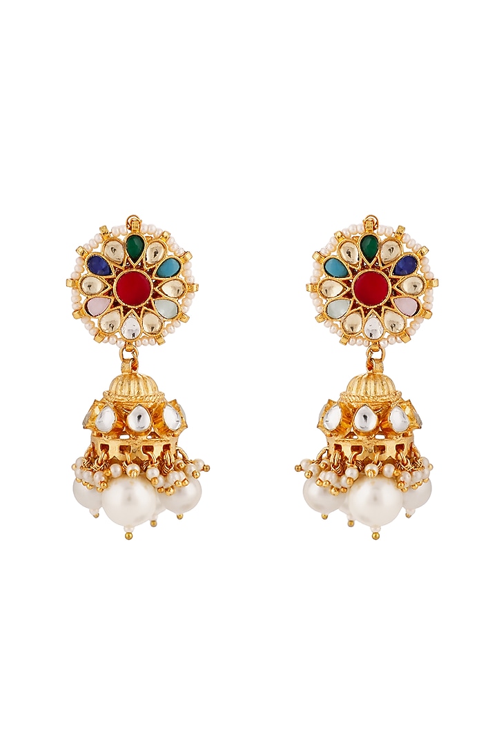Matte Gold Plated Navratna Stone Jhumka Earrings by Riana Jewellery at Pernia's Pop Up Shop