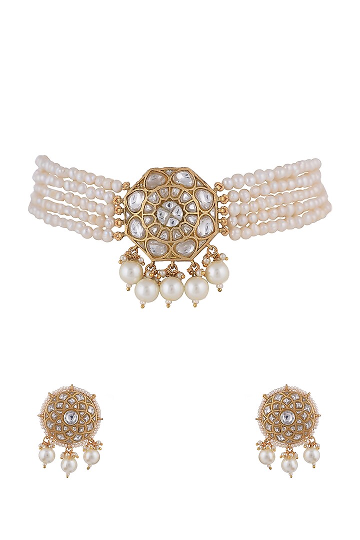 Matt Gold Plated Jadtar Stone & Pearl Handcrafted Choker Necklace Set by Riana Jewellery at Pernia's Pop Up Shop