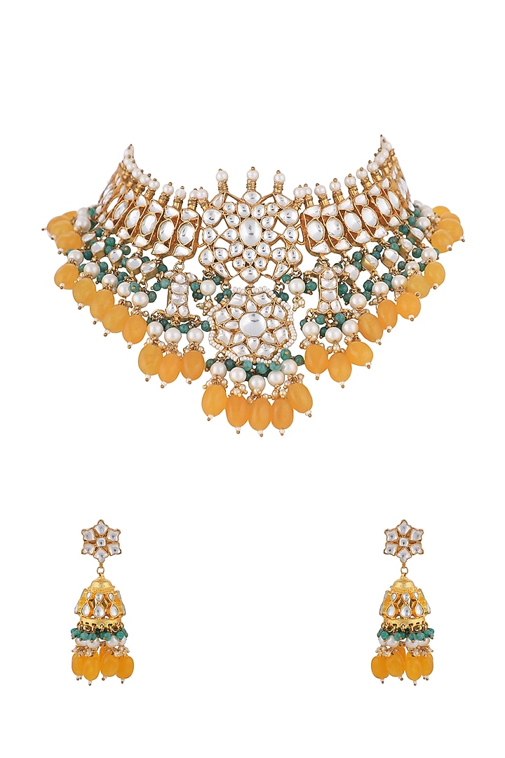 Matt Gold Plated Jadtar Stone & Pearl Necklace Set by Riana Jewellery at Pernia's Pop Up Shop