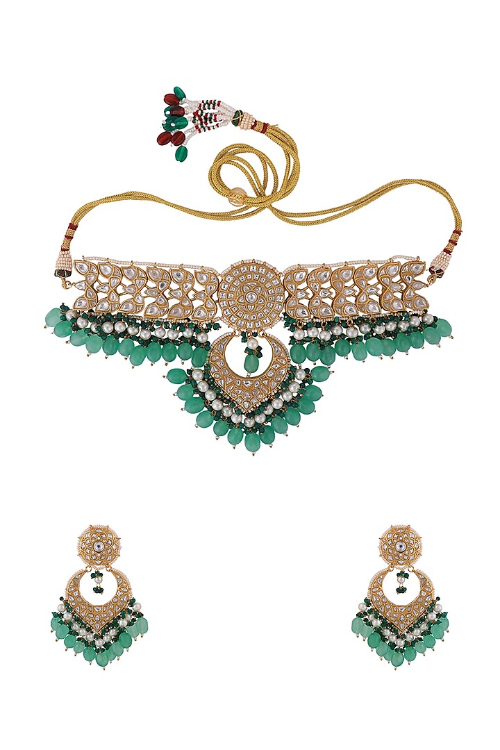 Matt Gold Plated Jadtar Stone & Sea Green Beaded Necklace Set by Riana Jewellery