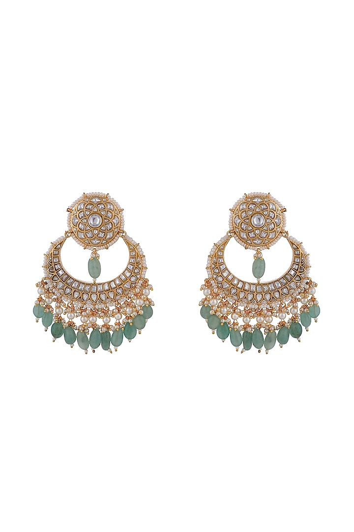 Matt Gold Plated Jadtar Stone & Sea Green Beaded Chandbali Earrings by Riana Jewellery