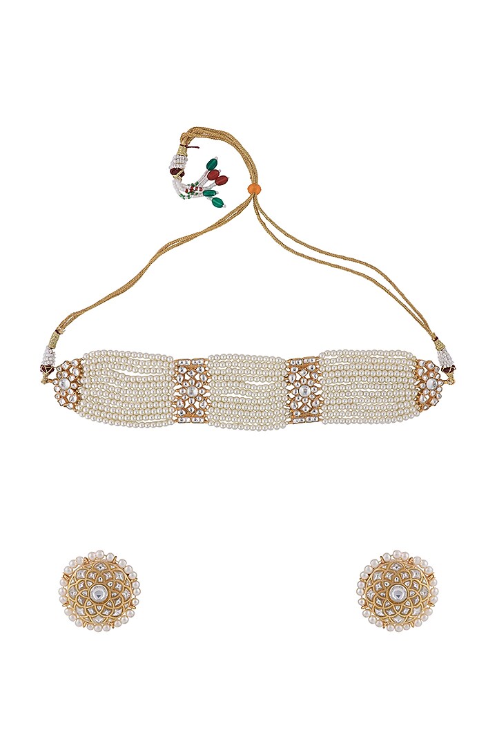 Matt Gold Plated Pearl Choker Necklace Set by Riana Jewellery at Pernia's Pop Up Shop