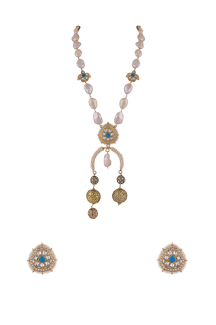 Matt Gold Plated Jadtar Stone & Baroque Pearl Long Necklace Set by Riana Jewellery at Pernia's Pop Up Shop