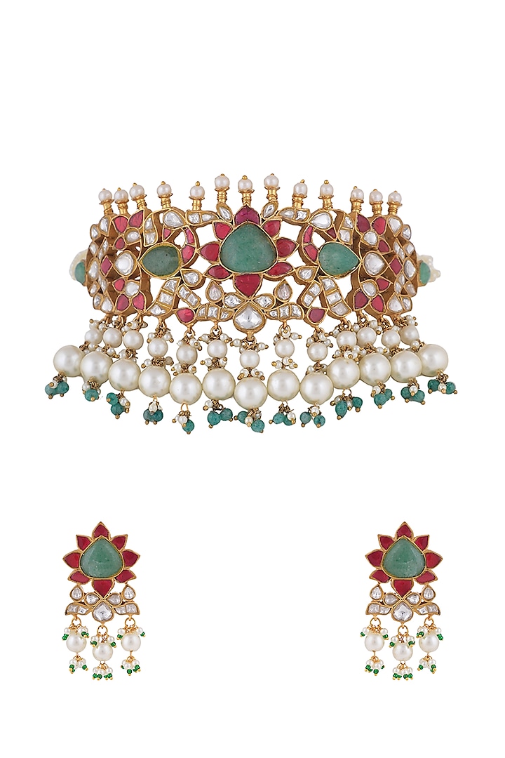Matt Gold Plated Multi-Colored Jadtar Stone & Pearl Choker Necklace Set by Riana Jewellery