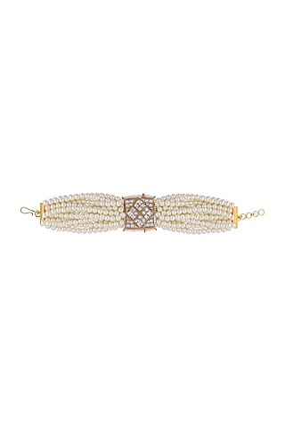 Matt Gold Plated Jadtar Stone & Pearl Beaded Bracelet by Riana Jewellery
