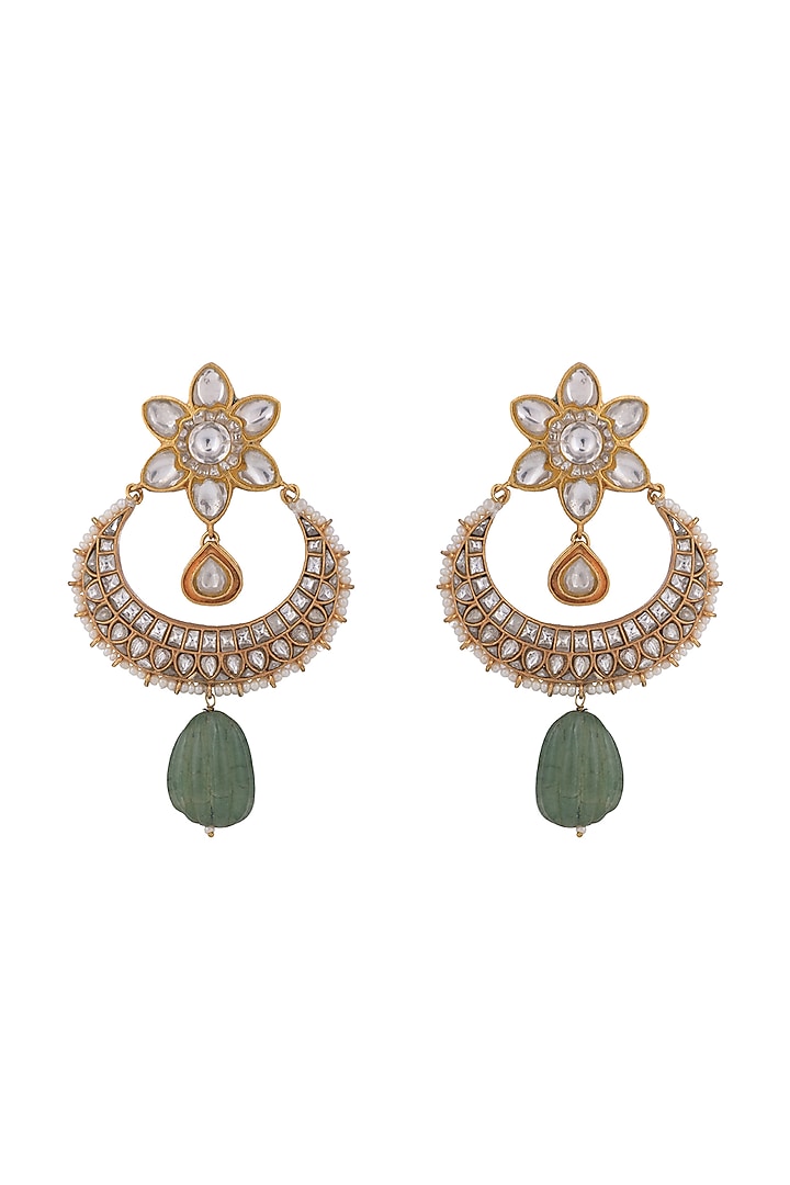 Matt Gold Plated Jadtar Stone & Sea Green Drop Dangler Earrings by Riana Jewellery at Pernia's Pop Up Shop