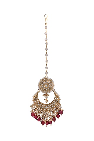 Matt Gold Plated Jadtar Stone & Pearl Maangtikka by Riana Jewellery