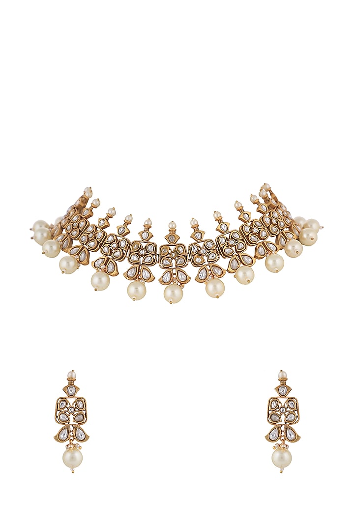 Matt Gold Plated Pearl Choker Necklace Set by Riana Jewellery