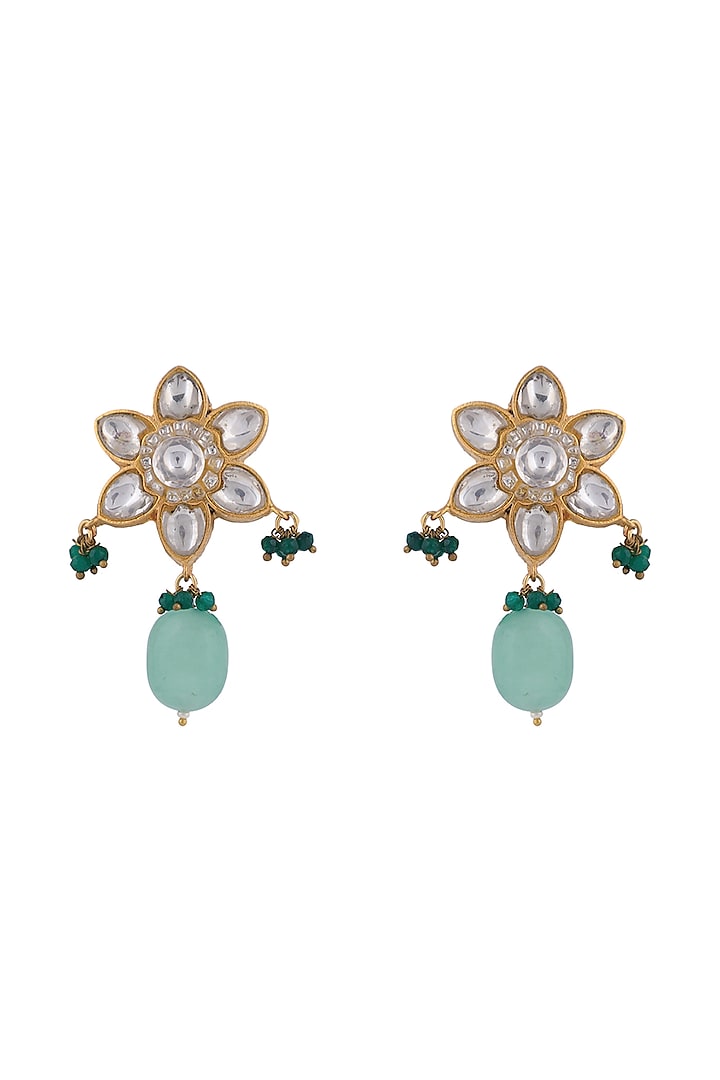 Matt Gold Plated Jadtar Stone & Sea Green Drop Chandbaali Earrings by Riana Jewellery