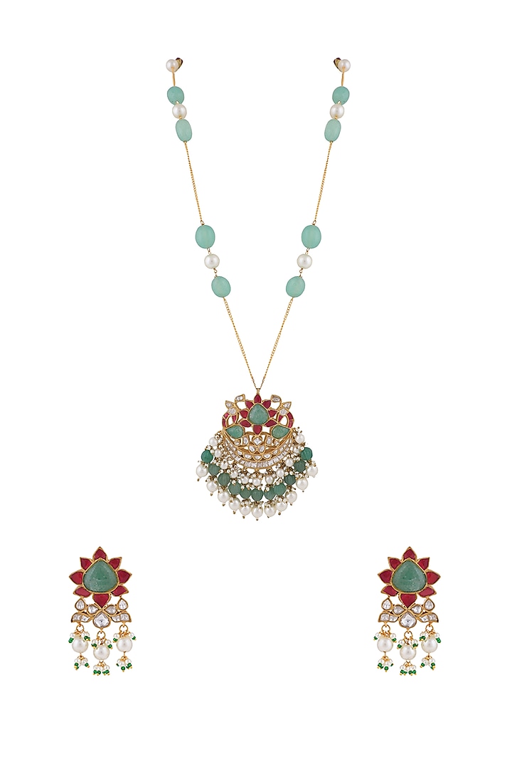 Matt Gold Plated Jadtar Stone & Beaded Long Necklace Set by Riana Jewellery at Pernia's Pop Up Shop