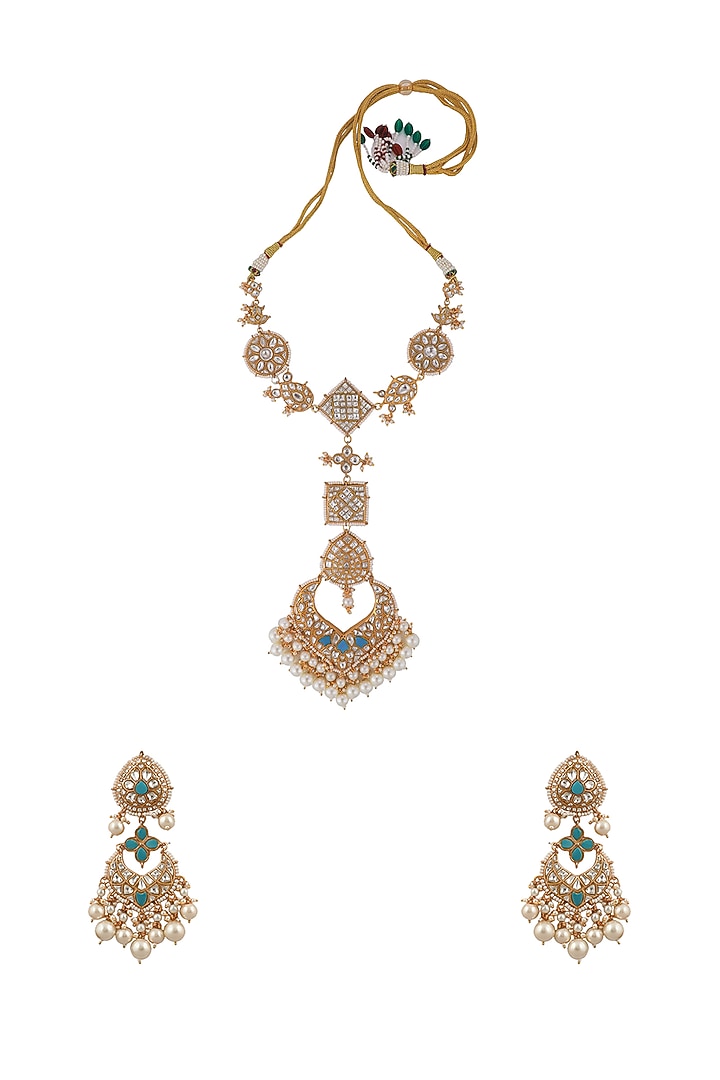 Matt Gold Plated Jadtar Stone & Pearl Long Necklace Set by Riana Jewellery at Pernia's Pop Up Shop