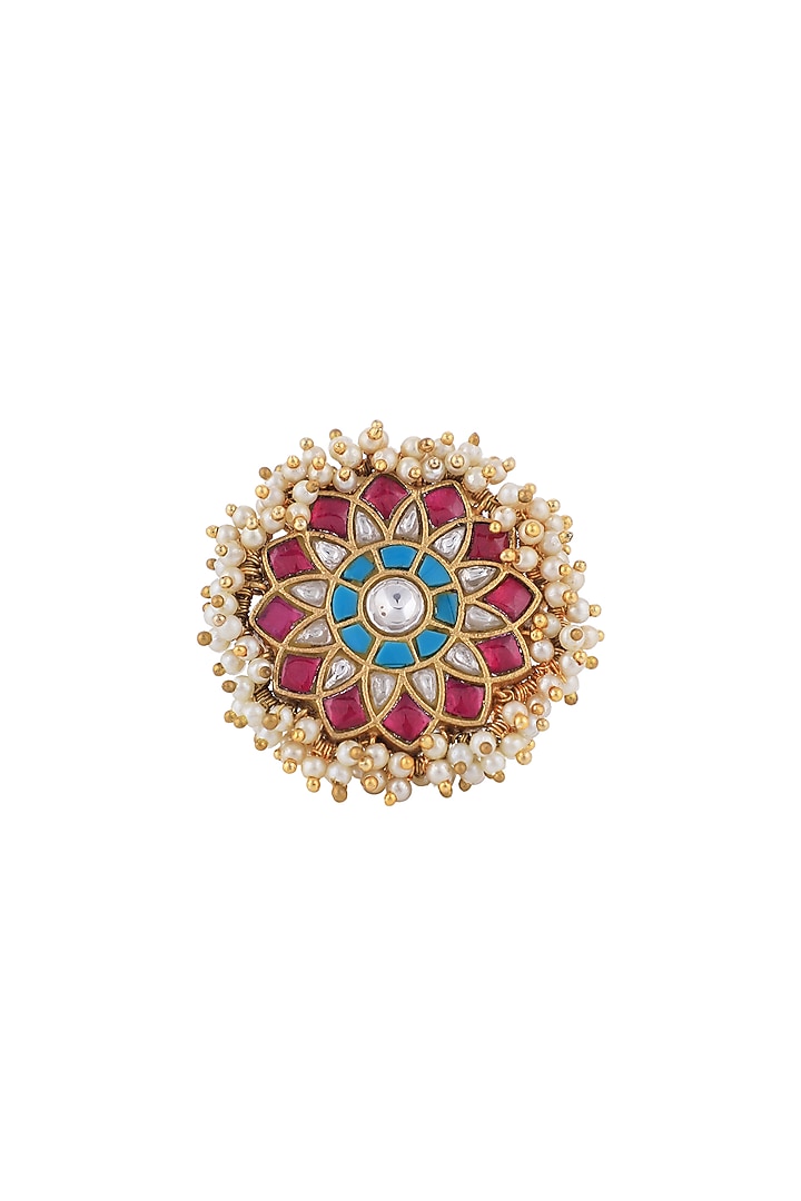 Matt Gold Plated Jadtar Stone & Rice Pearl Ring by Riana Jewellery at Pernia's Pop Up Shop