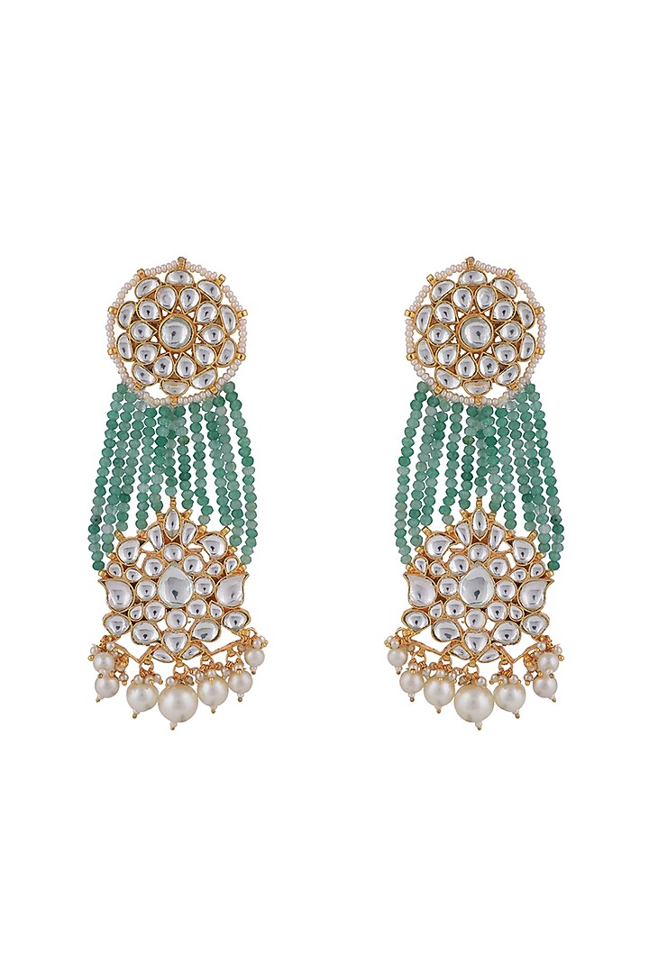 Matt Gold Plated Jadtar Stone & Sea Green Beaded Dangler Earrings by Riana Jewellery at Pernia's Pop Up Shop