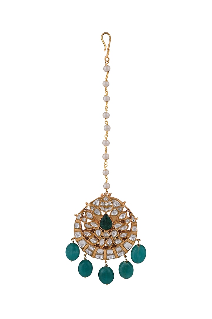 Matt Gold Plated Jadtar Stone & Green Beaded Maangtikka by Riana Jewellery at Pernia's Pop Up Shop