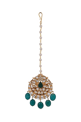 Matt Gold Plated Jadtar Stone & Green Beaded Maangtikka by Riana Jewellery