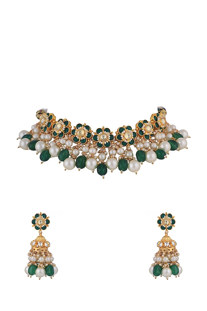 Matt Gold Plated Jadtar Stone & Pearl Choker Necklace Set by Riana Jewellery