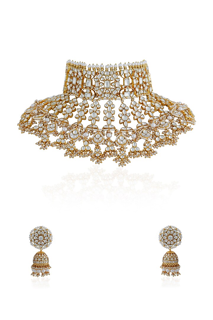 Gold Plated Jadtar Stone & Glass Beaded Necklace Set by Riana Jewellery at Pernia's Pop Up Shop