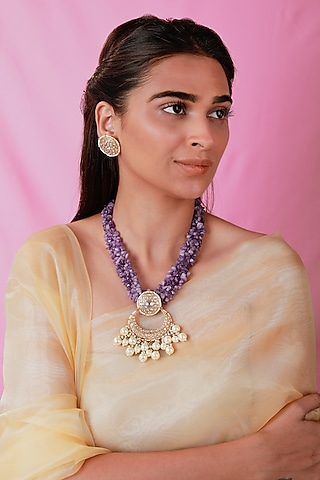 Gold Plated Jadau Stone & Amethyst Beaded Necklace Set by Riana Jewellery