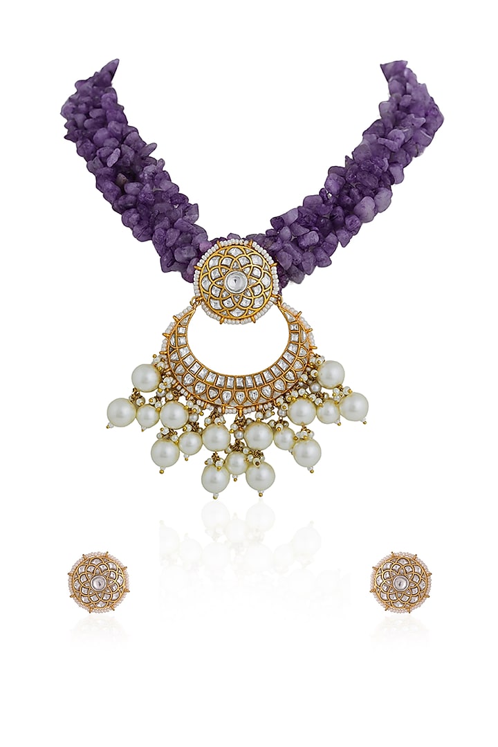Gold Plated Jadau Stone & Amethyst Beaded Necklace Set by Riana Jewellery at Pernia's Pop Up Shop