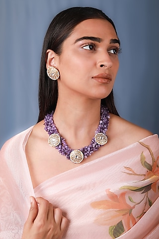 Gold Plated Purple Jadtar Stone & Amethyst Beaded Choker Necklace Set by Riana Jewellery