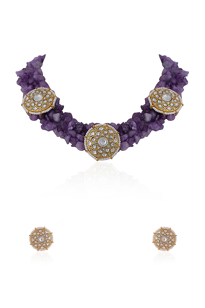 Gold Plated Purple Jadtar Stone & Amethyst Beaded Choker Necklace Set by Riana Jewellery at Pernia's Pop Up Shop
