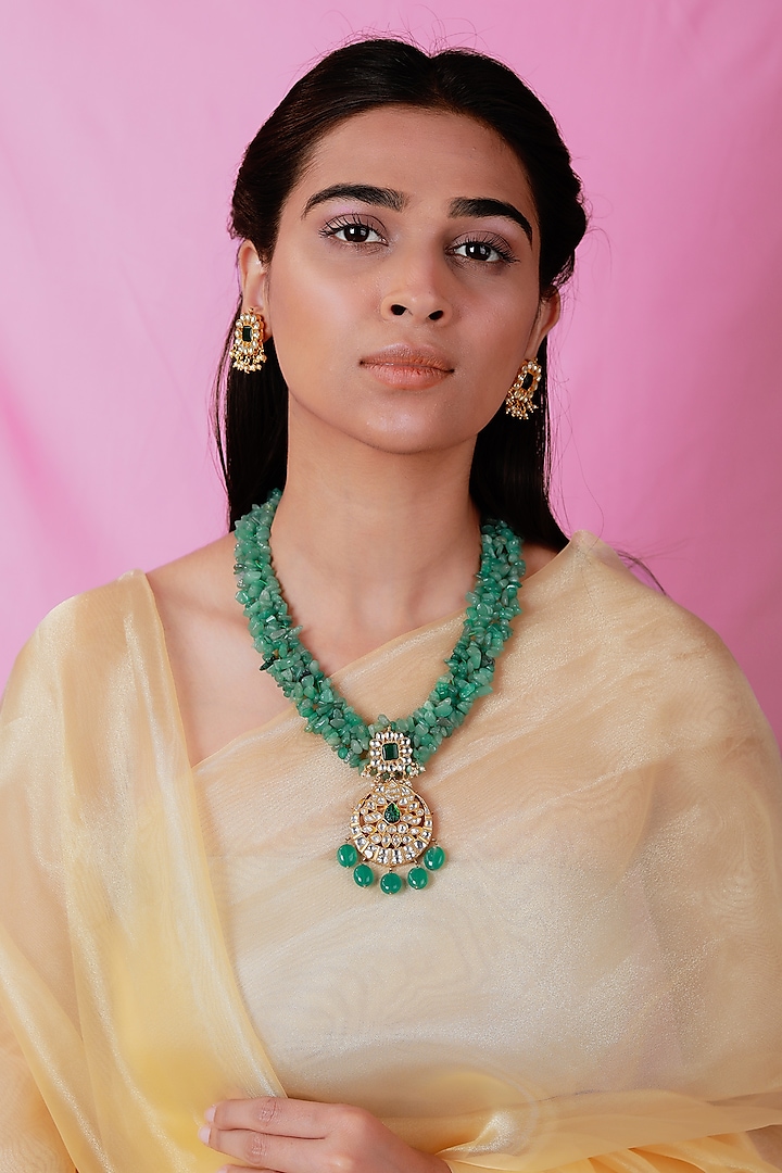 Gold Plated Semi-Precious Stone & Emerald Green Beaded Pendant Necklace Set by Riana Jewellery at Pernia's Pop Up Shop