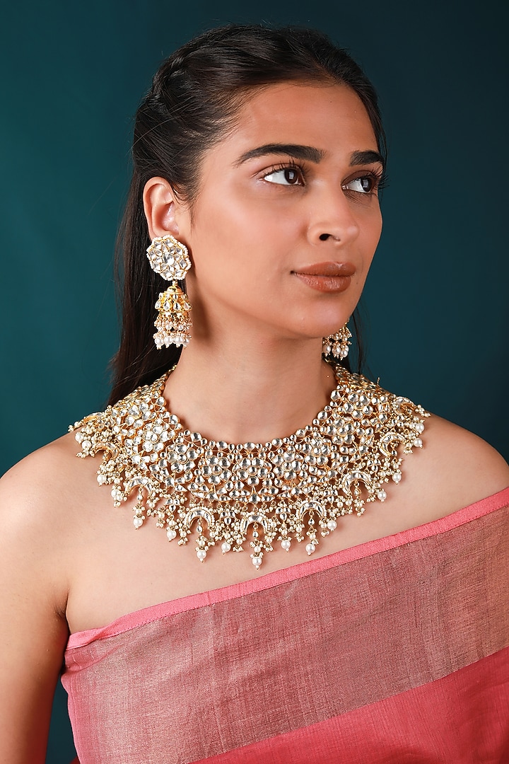 Gold Plated Pearl & Glass Beaded Necklace Set by Riana Jewellery at Pernia's Pop Up Shop