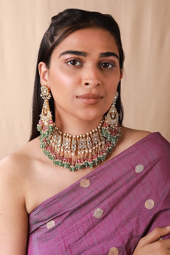 Gold Plated Jadtar Stone & Glass Beaded Necklace Set by Riana Jewellery at Pernia's Pop Up Shop