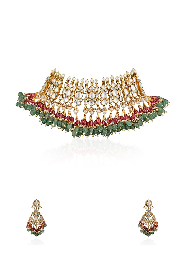 Gold Plated Jadtar Stone & Glass Beaded Necklace Set by Riana Jewellery at Pernia's Pop Up Shop