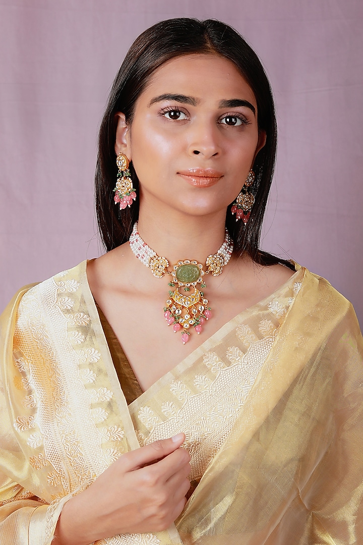 Gold Plated Jadtar Stone & Glass Beaded Choker Necklace Set by Riana Jewellery at Pernia's Pop Up Shop