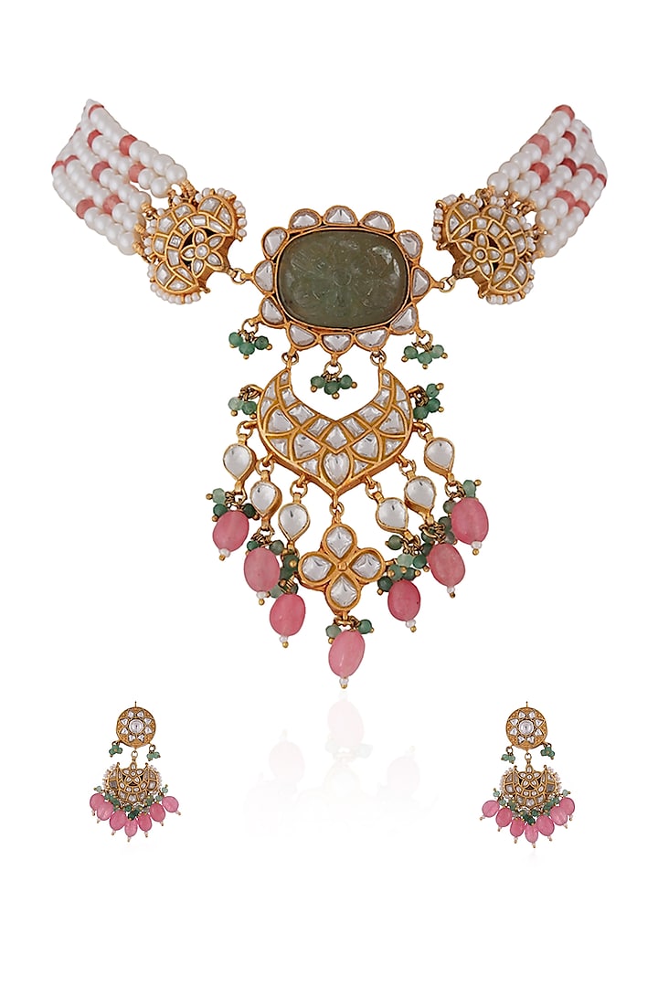 Gold Plated Jadtar Stone & Glass Beaded Choker Necklace Set by Riana Jewellery at Pernia's Pop Up Shop