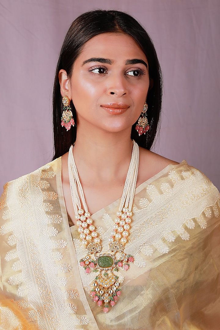 Gold Plated Mint Green Jadtar Beaded Rajwadi Necklace Set by Riana Jewellery at Pernia's Pop Up Shop